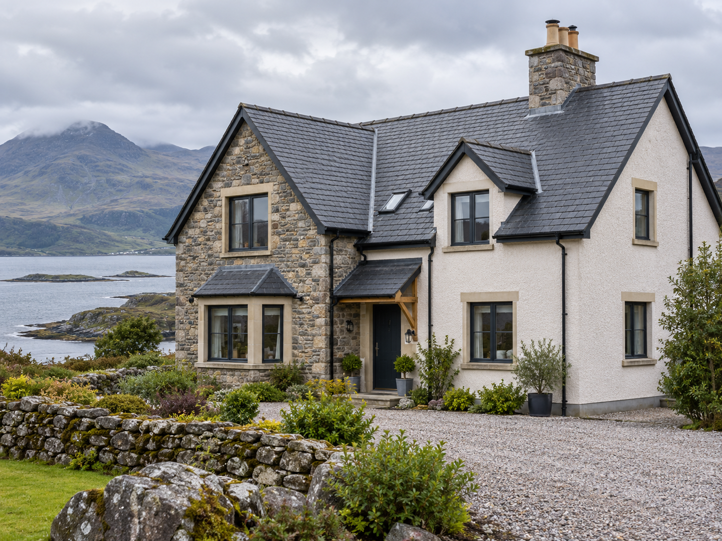 Illustrative Scottish home with a pitched slate roof.
