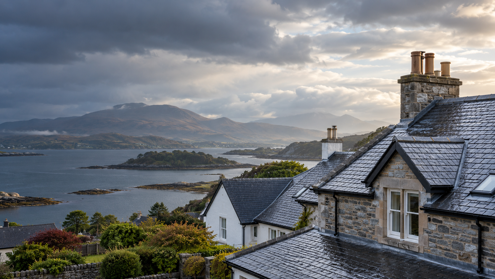Illustrative slate-roofed homes in a west-coast Scottish setting.