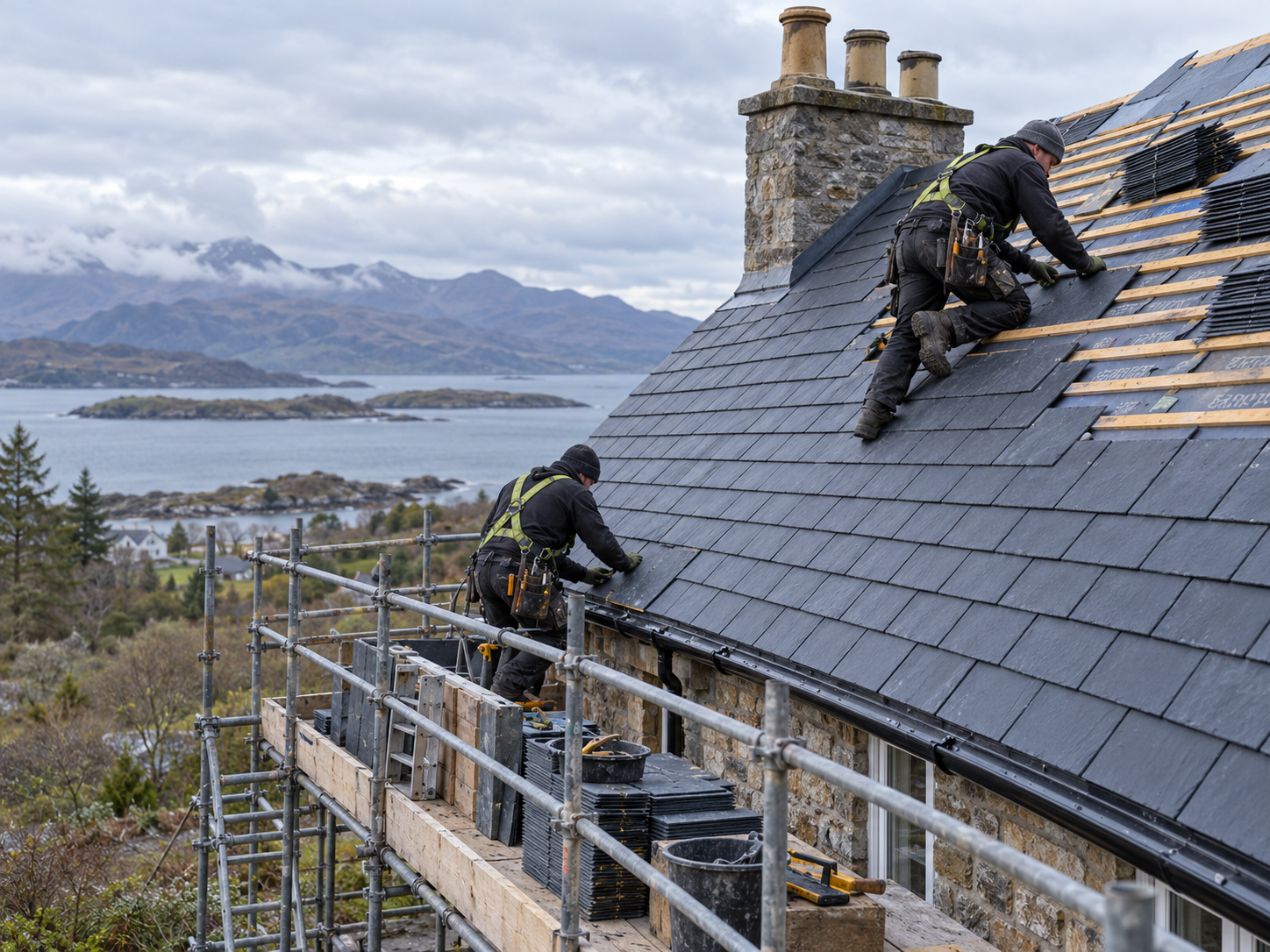 Illustrative new pitched-roof installation with safe scaffold access.