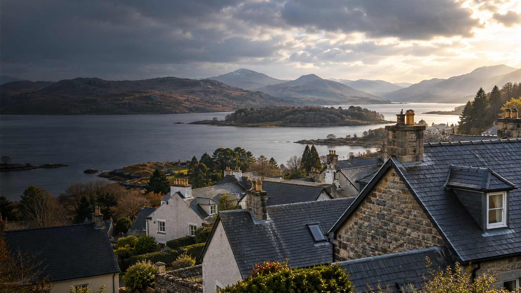 Illustrative slate-roofed homes in a west-coast Scottish setting.
