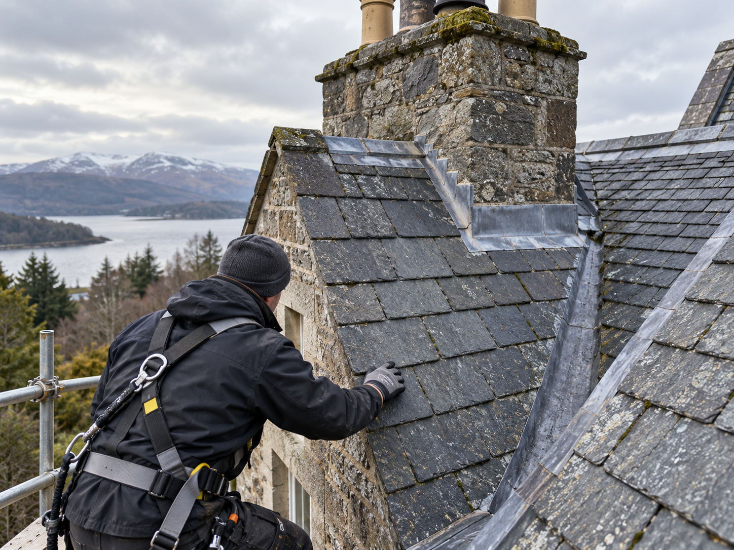 Illustrative inspection of slate and chimney flashing details.