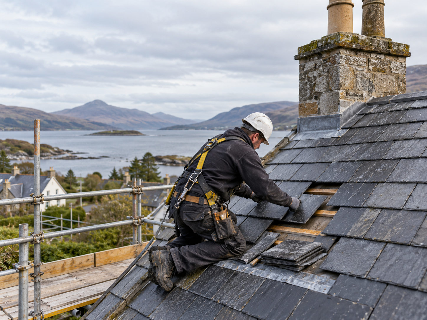 Illustrative slate roof repair carried out with safe access.