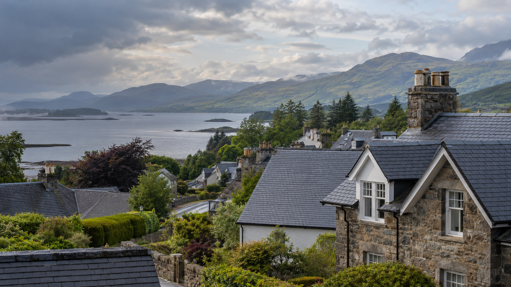 Illustrative slate-roofed homes in a west-coast Scottish setting.